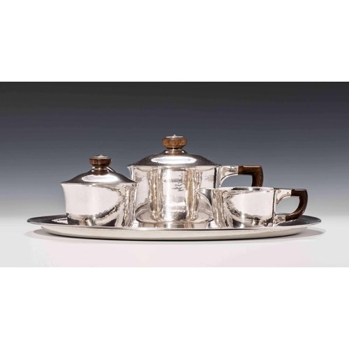 SILVER TEA SERVICE "MALINES"
consisting of: teapot, milk jug, sugar bowl, oval tray

